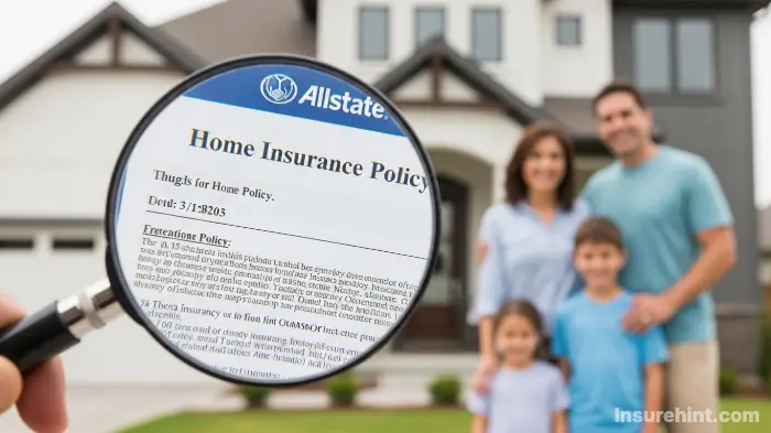 Magnifying glass examining an Allstate policy document, with a happy family in the background.