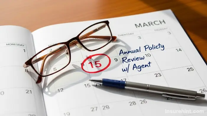 A calendar with a date circled for an "Annual Policy Review" to emphasize proactive insurance management.