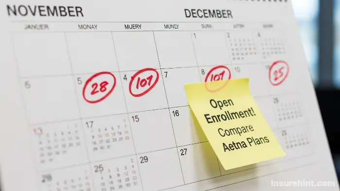 A calendar with "Open Enrollment" circled, reminding people to enroll in an Aetna plan.