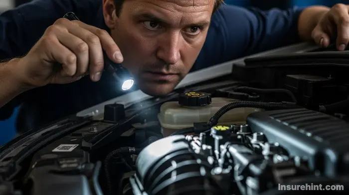 A concerned mechanic looking closely at a car engine to determine the cause of the damage.