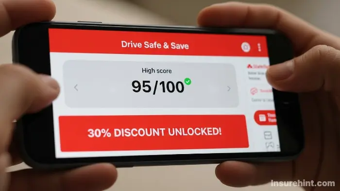 Smartphone showing the State Farm Drive Safe & Save app with a high driving score and discount.