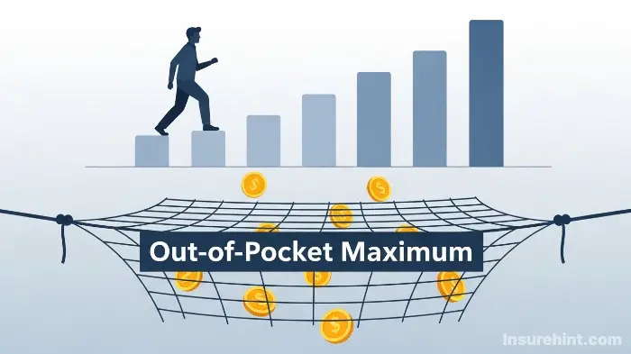 An illustration showing an out-of-pocket maximum as a financial safety net against high medical costs.