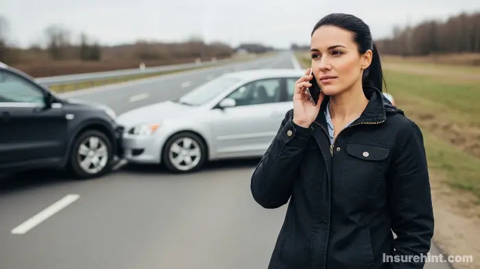 A driver calmly starting the insurance claims process on their phone immediately after a car accident.