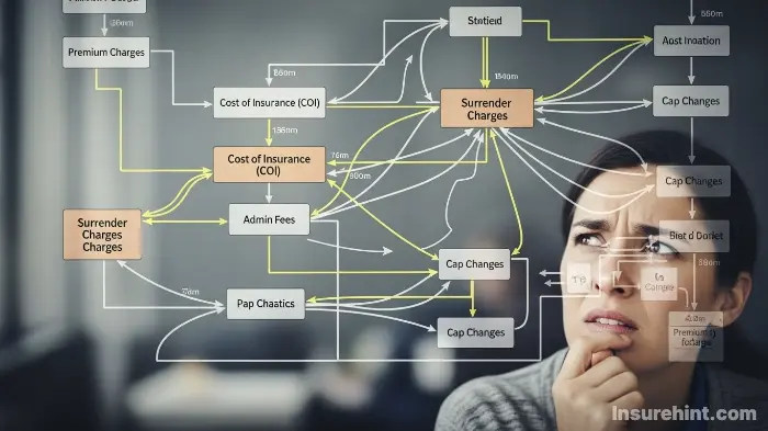 A person confused by the complex fees and structure of an Indexed Universal Life policy.