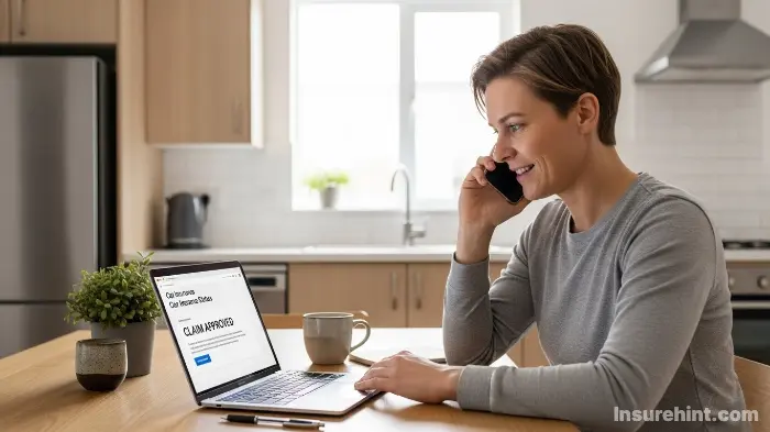 A policyholder feeling relieved after a positive customer service call about an insurance claim.