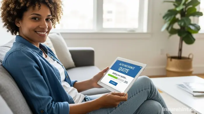 A person smiling while getting a State Farm auto quote on a tablet at home.