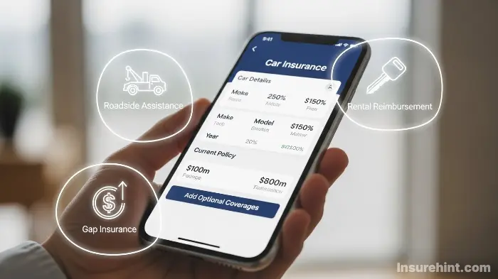 Icons representing optional riders like gap insurance and rental reimbursement that can be added to a policy.