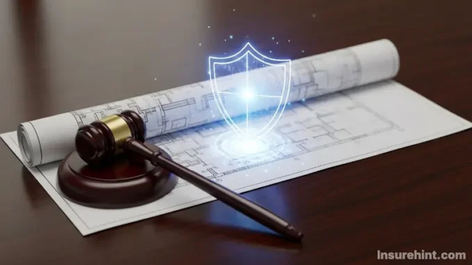A gavel and a protective shield on a building blueprint, representing Ordinance or Law Coverage.