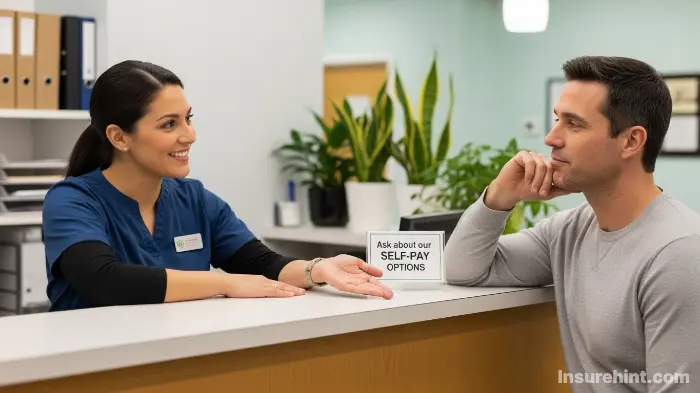 A patient discusses cash-pay options for physical therapy at a clinic's front desk.