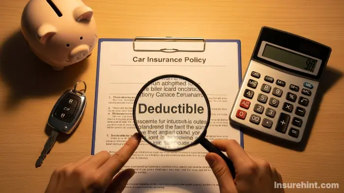 A person analyzing their car insurance policy's deductible and premium costs to find the right balance.