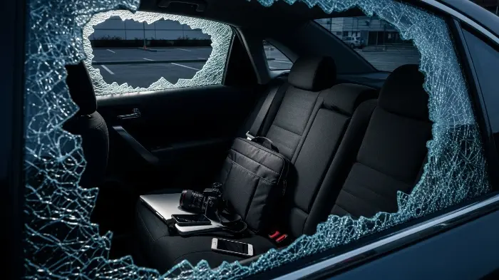 Personal belongings in car vulnerable to theft with limited insurance coverage.
