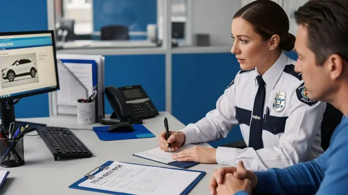 Filing police report as first step in stolen vehicle insurance claims process.