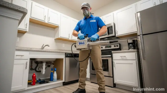 A professional exterminator in uniform treating an apartment for a cockroach infestation.