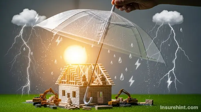 A visual of a financial safety net protecting a home under construction from risks.
