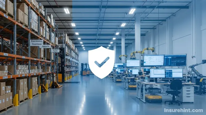 Interior of a commercial warehouse with inventory and equipment protected by commercial property insurance.