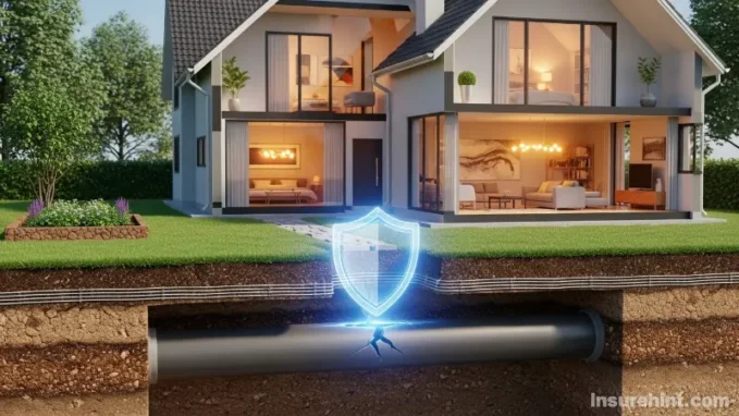 A 3D illustration of a shield protecting a home's broken sewer line, representing sewer line insurance.