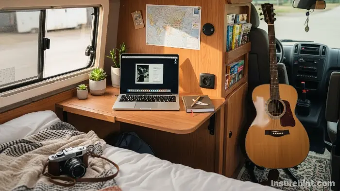 Personal items like a laptop and camera inside a campervan, representing personal effects property coverage.