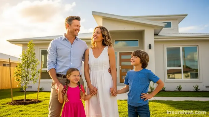 A happy family in front of their new, modern home, rebuilt safely thanks to proper insurance.