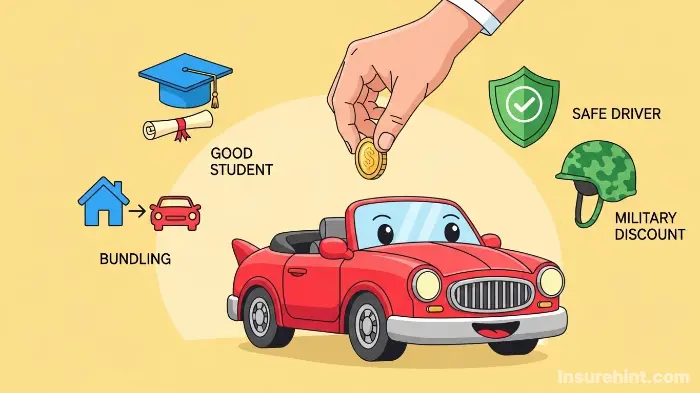 Illustration showing various car insurance discounts like good student and bundling helping a person save money.