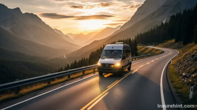 A campervan driving on a scenic road, illustrating the topic of how much is campervan insurance.