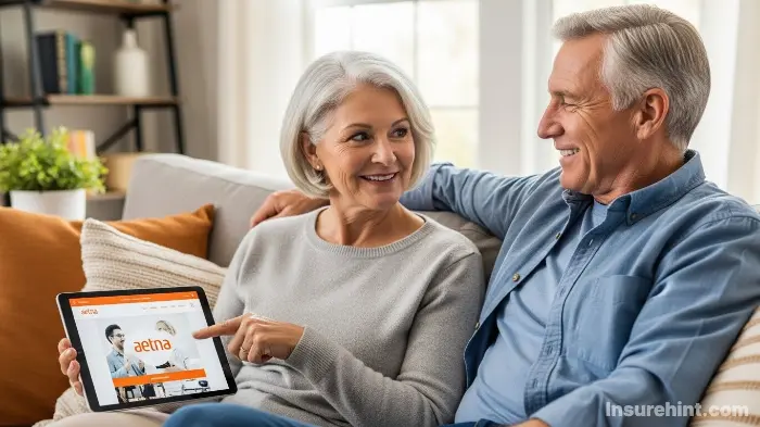 A senior couple discussing their Aetna Medicare Advantage plan options online.