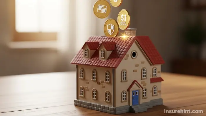 A house-shaped piggy bank with coins representing discounts for bundling, security, and high deductibles.