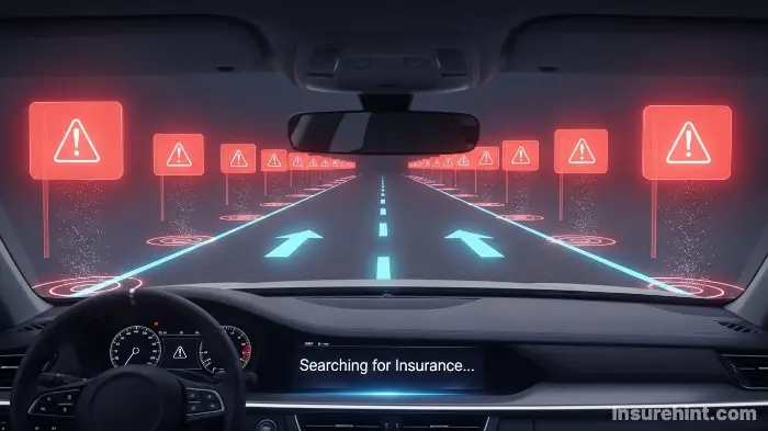 A driver's view of a road with digital red flags warning about misleading 2025 compliant drivers program insurance offers.