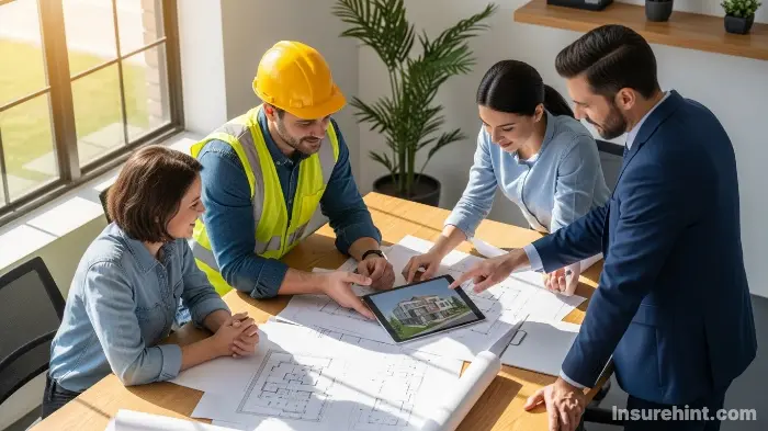 Property owner, contractor, and lender discussing who pays for builders risk insurance.