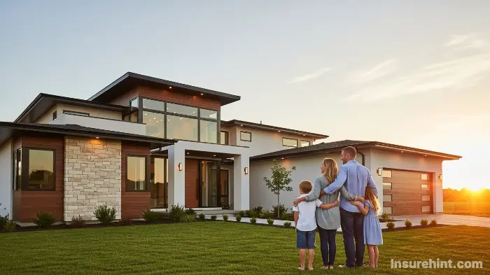 A family standing in front of their successfully completed home, protected by a builders risk policy.