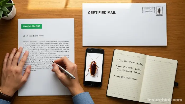 A tenant writing a certified letter to their landlord and documenting evidence of a pest infestation.