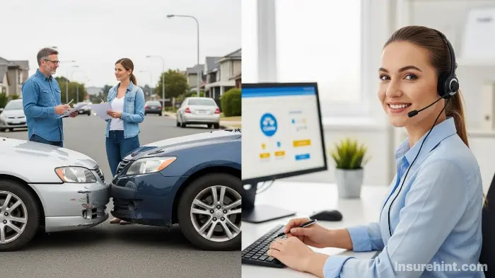 A split image showing a car accident and a helpful Geico claims representative.