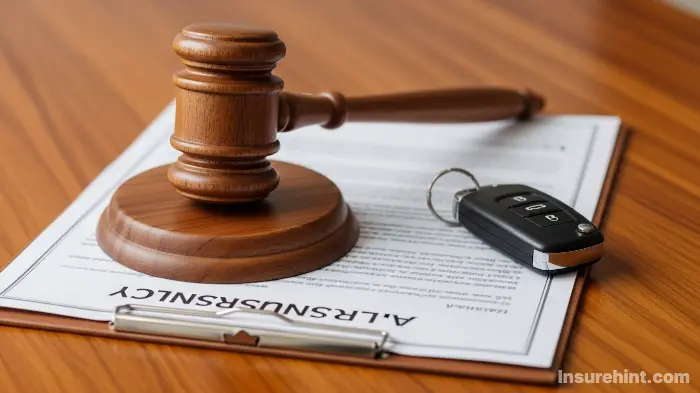 A gavel and a car key on an insurance document, symbolizing the legal requirement to have car insurance.