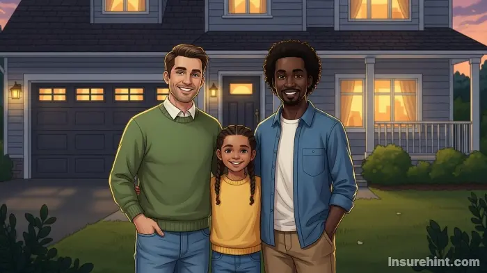 A happy family standing in front of their protected home, enjoying the peace of mind that insurance provides.