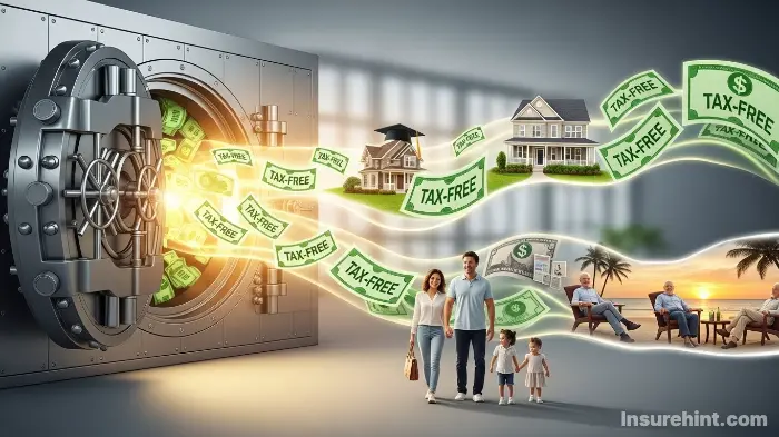 A vault representing an IUL policy providing tax-free income for major life expenses and retirement.