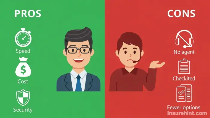 A split image showing the pros like speed and cost versus the cons like limited support for Biberk insurance.