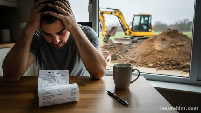 A worried homeowner reviewing an expensive bill for sewer line excavation and repair. A worried homeowner reviewing an expensive bill for sewer line excavation and repair.