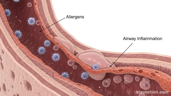 Medical illustration showing how cockroach allergens can trigger asthma and allergies.