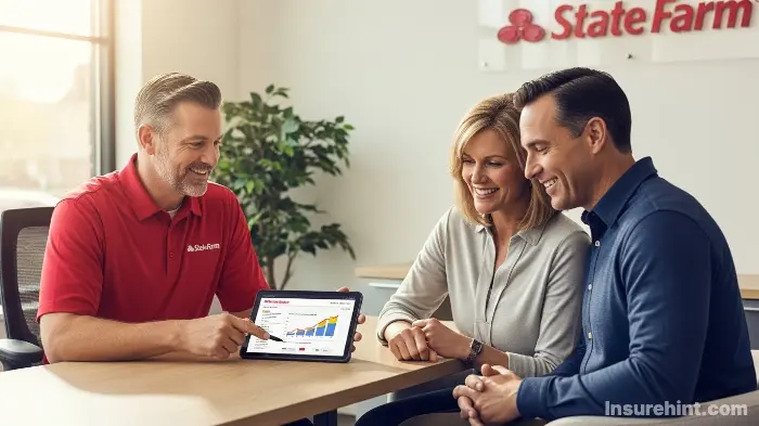 A friendly State Farm agent assisting a couple with their insurance policy.