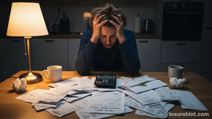 A person looking stressed while reviewing unexpected bills, illustrating the financial burden of funeral costs.