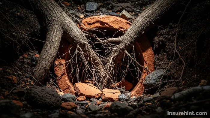 Close-up of destructive tree roots breaking into an underground sewer pipe.