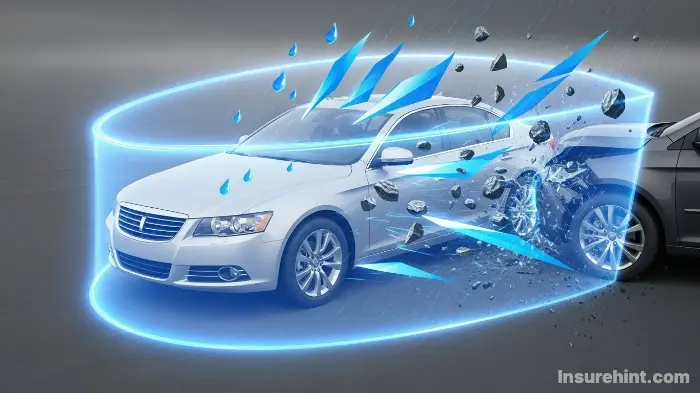 An illustrative shield protecting a car, symbolizing how liability coverage protects you financially.