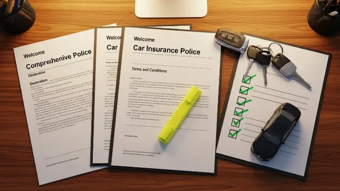 Car insurance policy documents including General Accident Comprehensive Cover and coverage checklist on desk.
