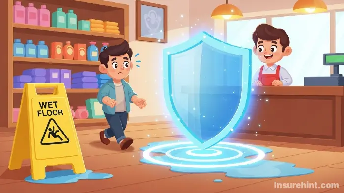 Illustration of general liability insurance protecting a shop owner from a slip-and-fall claim.