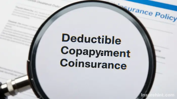 A magnifying glass highlighting the terms deductible and copay on an insurance paper.
