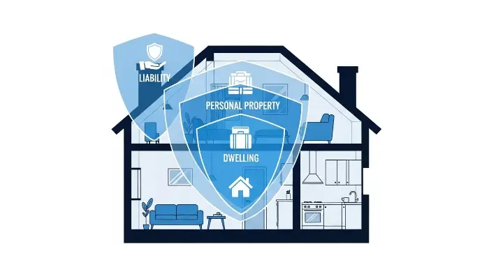 An illustration explaining the layers of Liberty Mutual coverage for a home.
