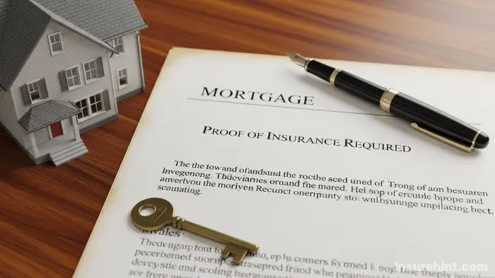 Mortgage documents on a desk requiring proof of homeowners insurance.