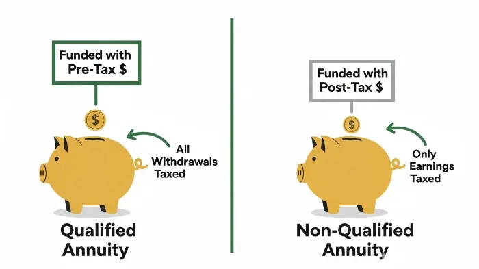 A diagram comparing the tax treatment of qualified and non-qualified annuities.