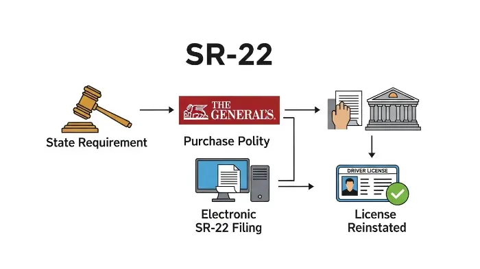 A flowchart explaining how The General handles SR-22 insurance filings.