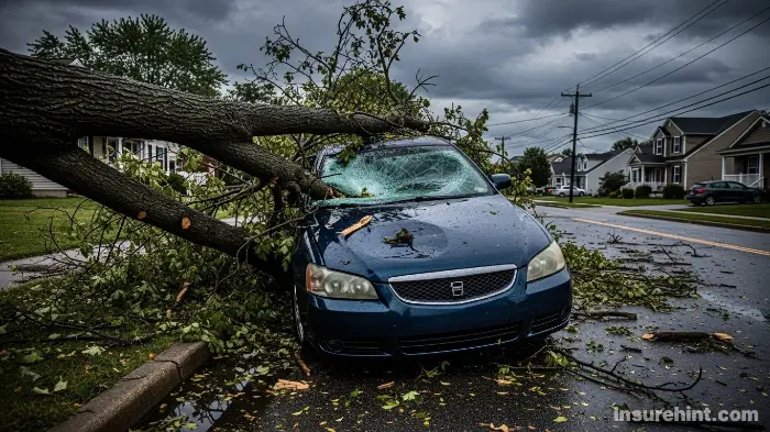 A car damaged by a fallen tree branch, illustrating a scenario covered by comprehensive insurance.