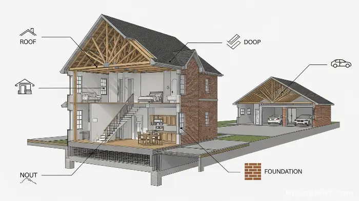 A detailed illustration of a house structure showing what dwelling protection in a homeowner's insurance policy covers.